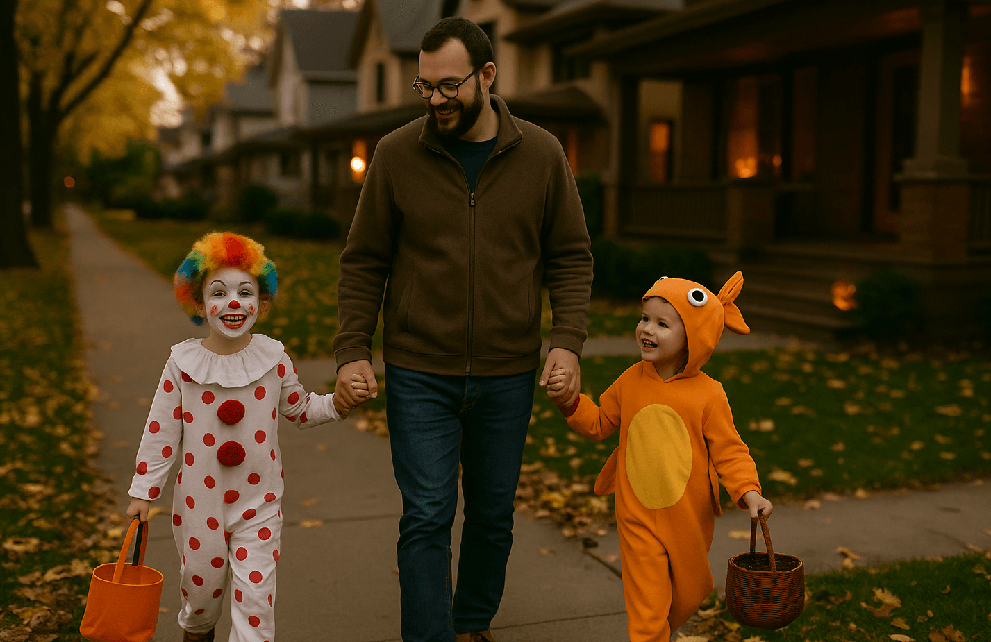 A father walks hand-in-hand with two young children dressed in Halloween costumes down a tree-lined residential street at dusk. One child is wearing a colorful clown costume, the other is dressed as an orange fish