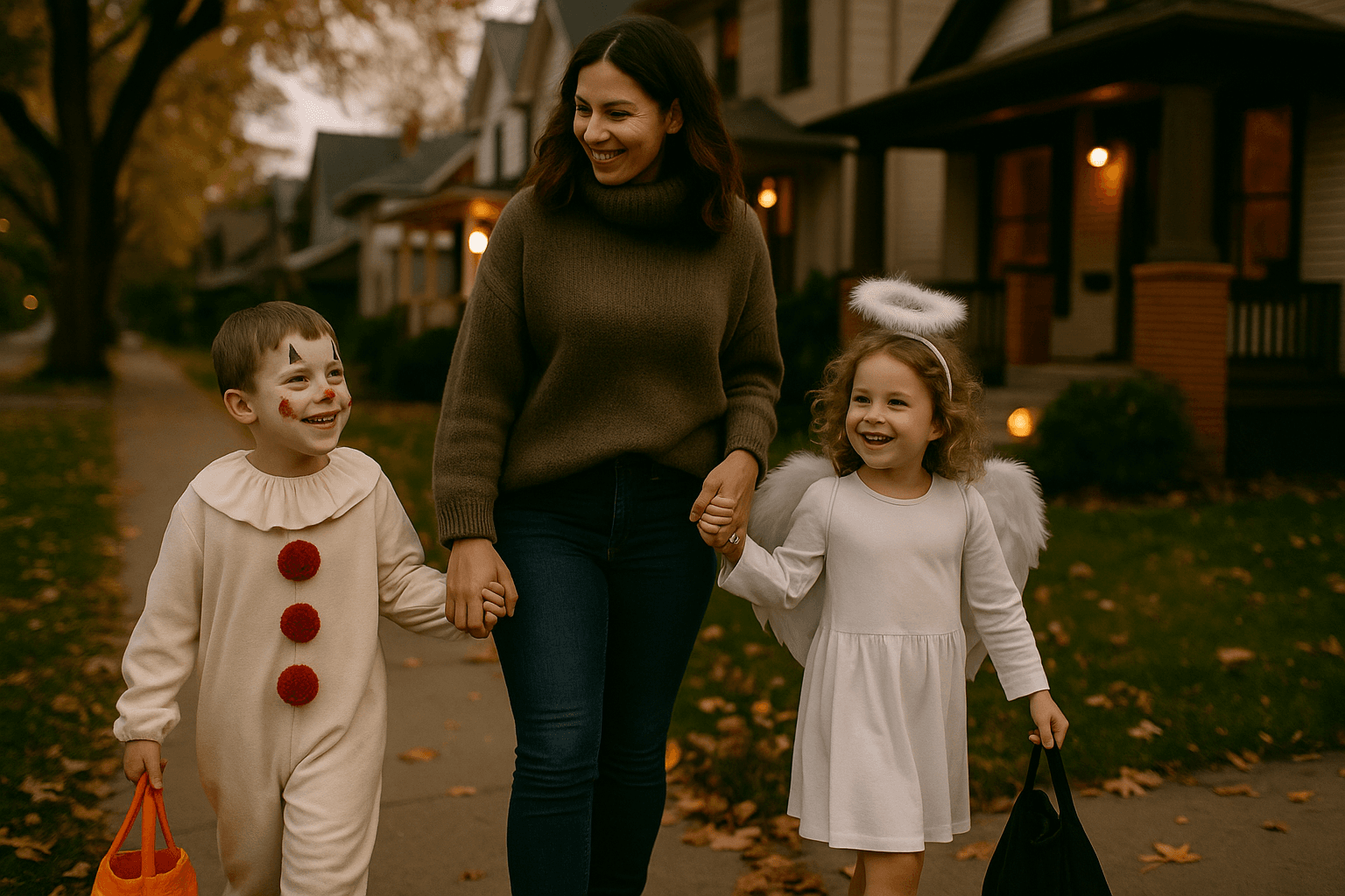A mother walks with her two young children trick-or-treating at dusk. One child is dressed as a clown with amateur face paint and carries a fabric orange bucket, while the other is dressed as an angel with white wings and a halo.