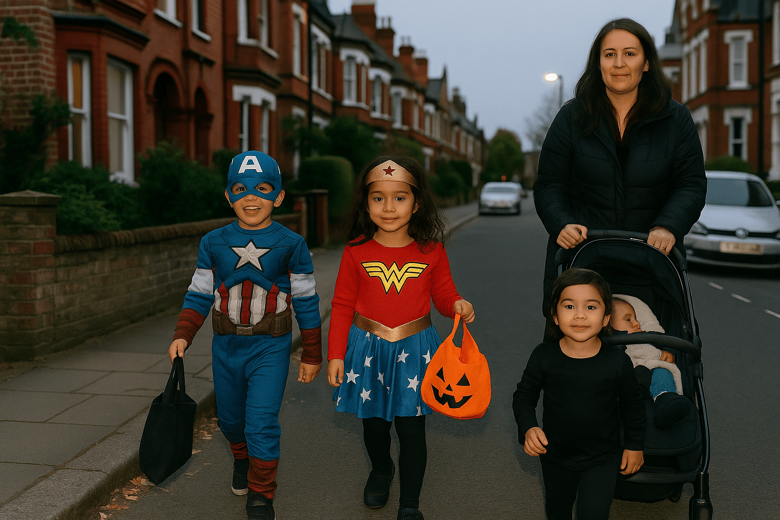 Two young children in superhero costumes—Captain America and Wonder Woman—walk down a street in West London during Halloween, accompanied by an adult woman pushing a buggy with two younger children.
