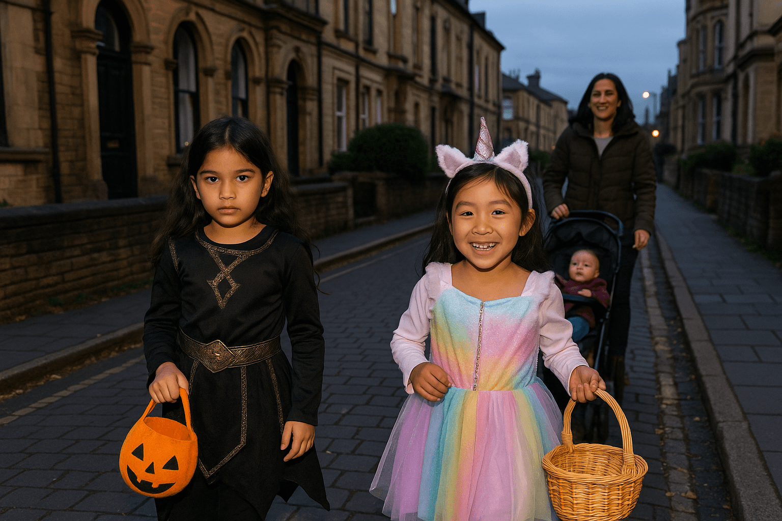 Two young girls trick-or-treat along a quiet residential street in Bradford, UK. One is dressed as a warrior in a black and gold costume holding a soft pumpkin-shaped fabric bucket, while the other beams in a pastel rainbow unicorn dress.