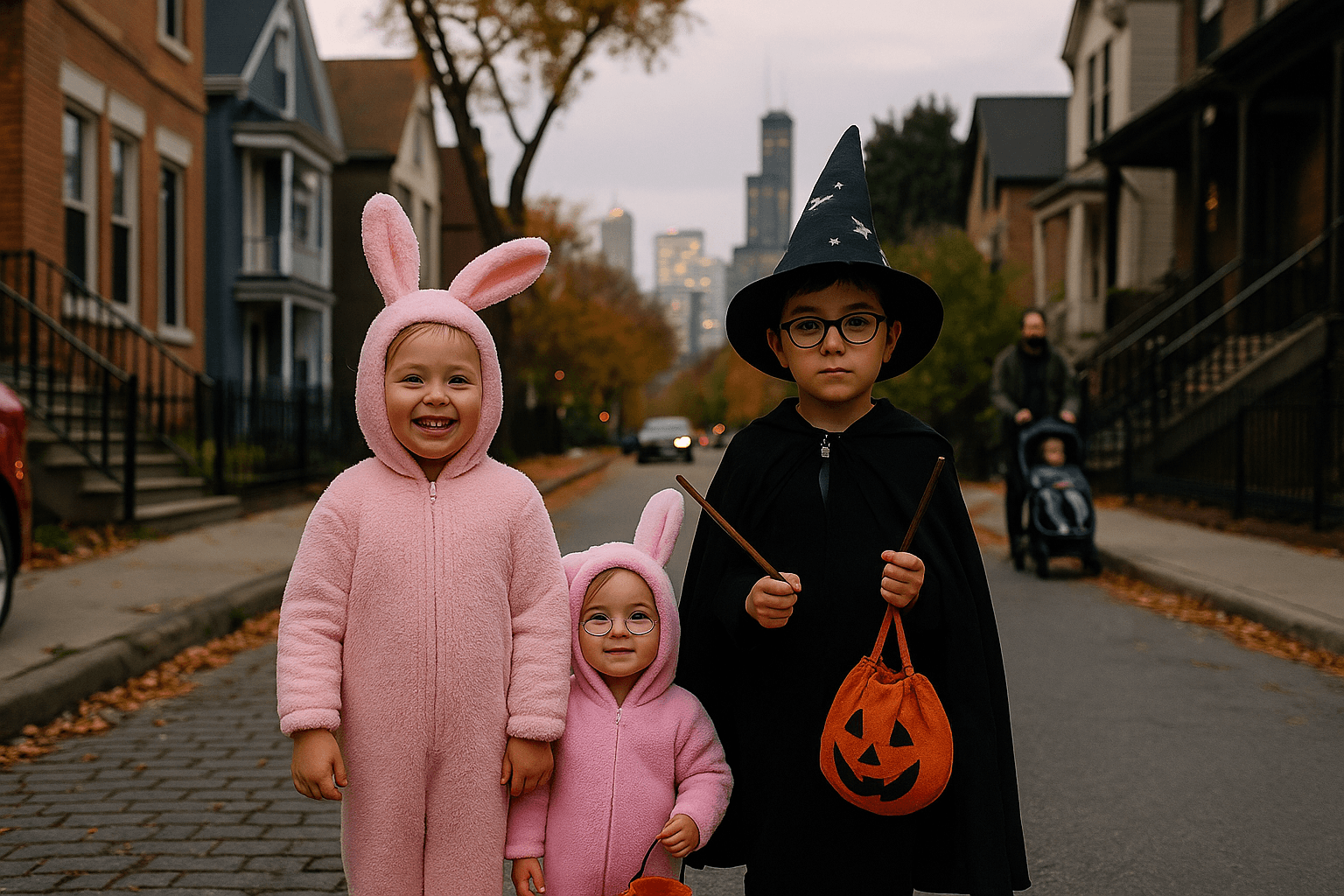 Two young children stand on a residential street in Chicago dressed for Halloween. One is wearing a pink bunny costume and smiling, while the other is dressed as a wizard