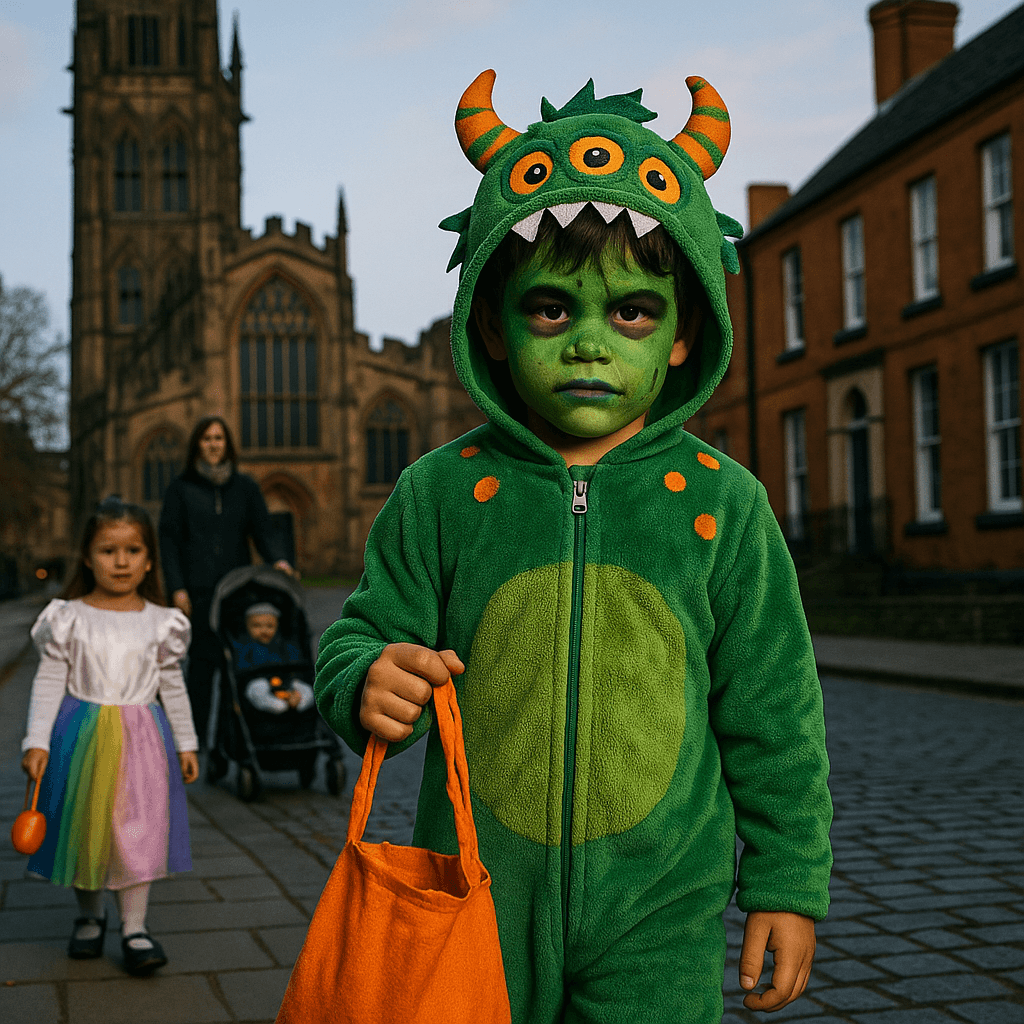 A young boy in a green monster costume with face paint stands on a cobbled street in Coventry, UK, holding a soft orange fabric bucket.