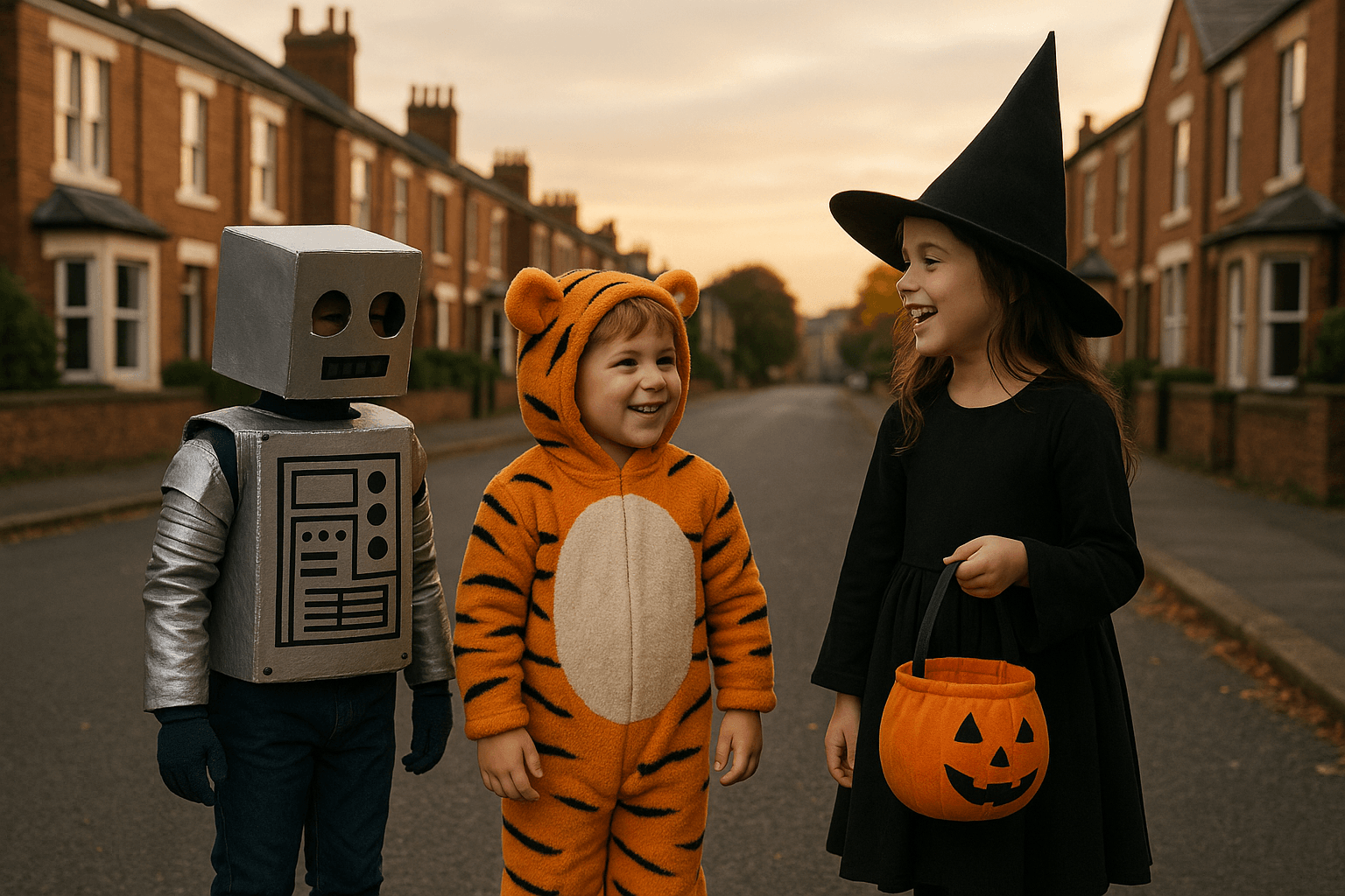 Three young children in Halloween costumes stand on a quiet residential street in Heaton, UK, surrounded by red brick terraced houses. One child is dressed as a robot, another as a tiger, and the third as a witch holding a soft orange fabric bucket.