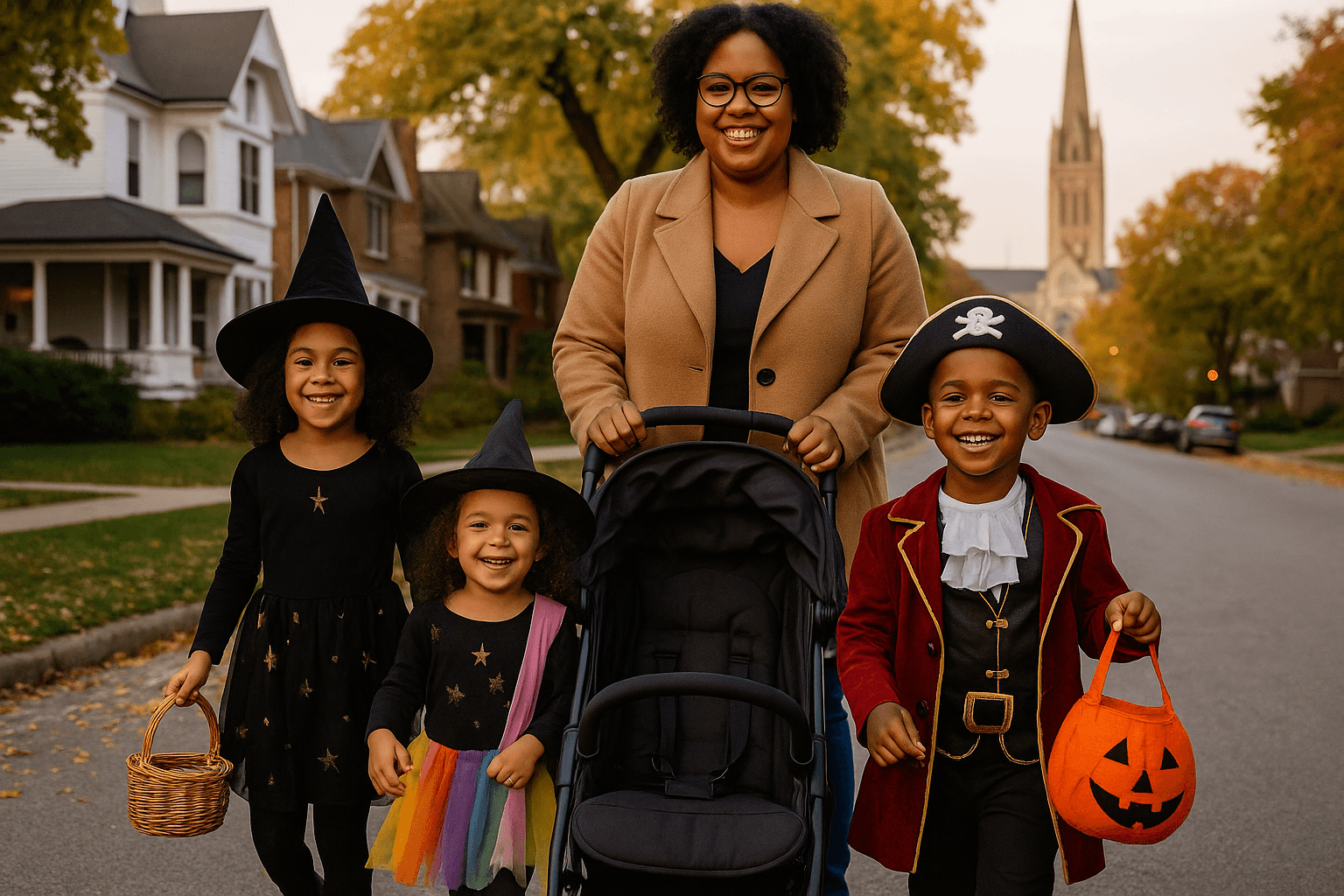 A smiling mother of African descent walks with her three young children down a tree-lined street in Oak Park, Illinois, during Halloween. Her two daughters are dressed as witches, her son a pirate.