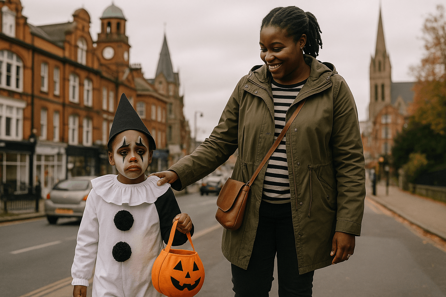 A young Black child in a sad clown costume stands beside their smiling mother on a street in Muswell Hill, North London.