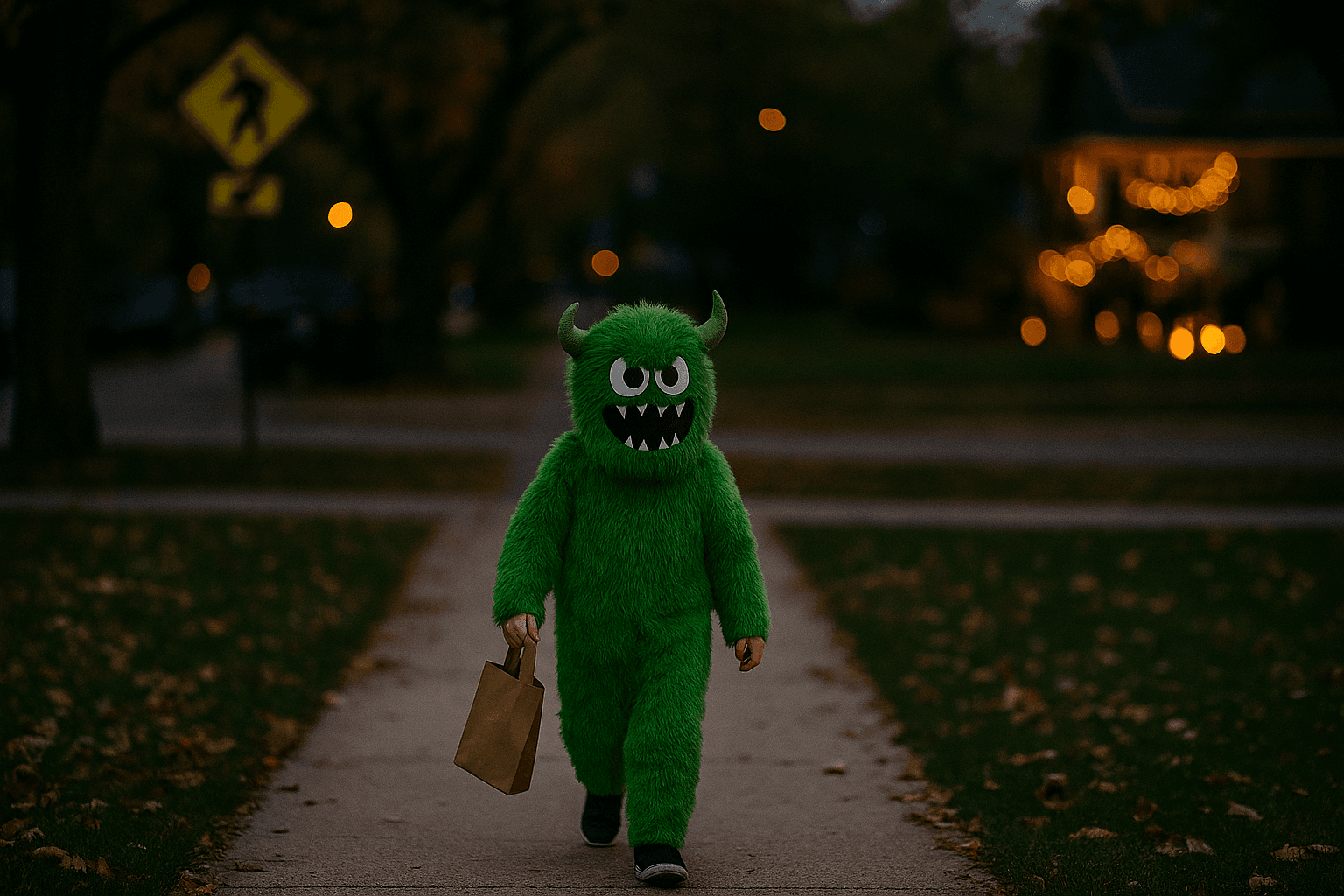 A young child in a bright green furry monster costume walks alone along a quiet suburban sidewalk in Naperville, Illinois, at dusk
