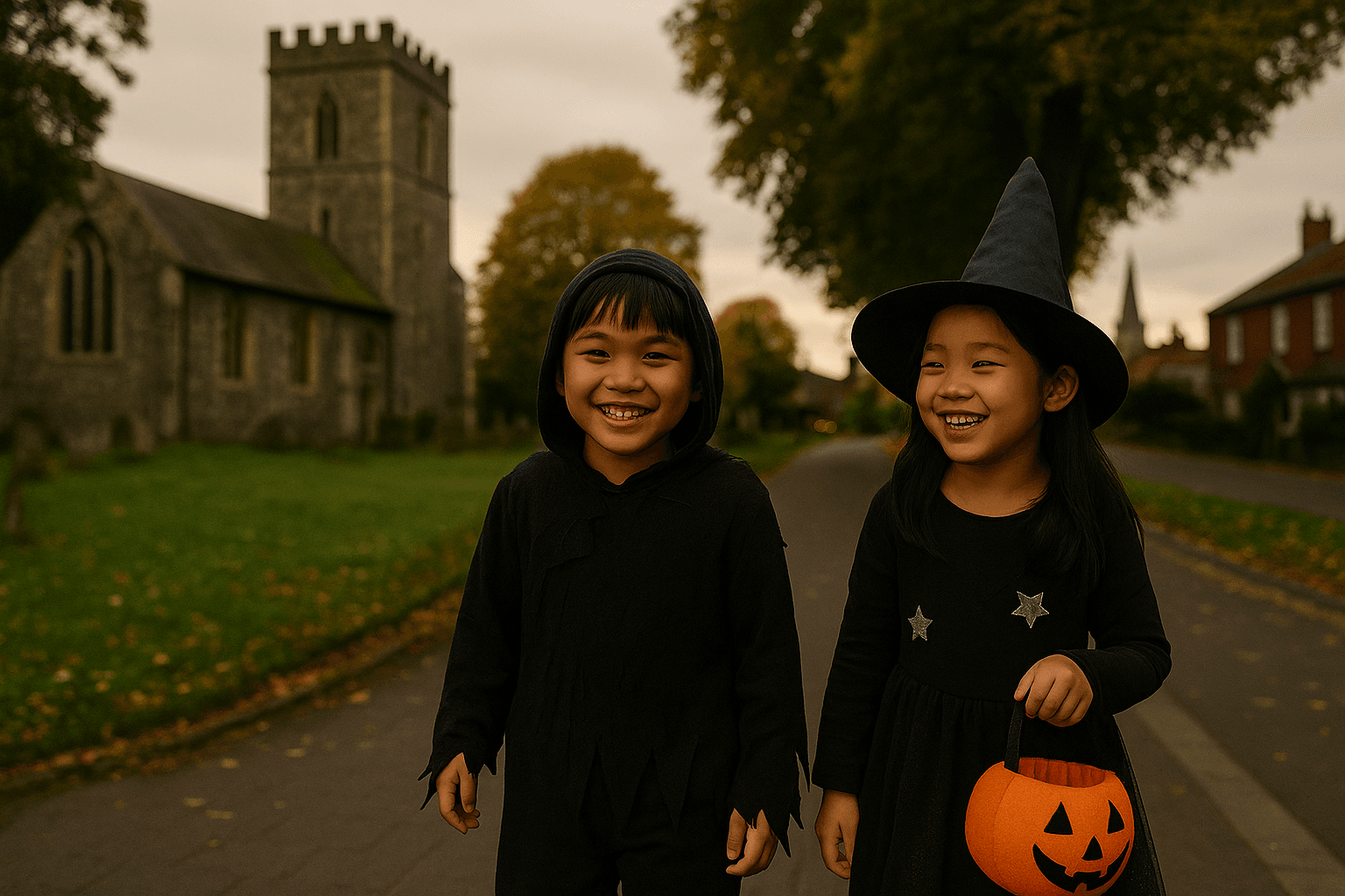 Two young kids dressed as witches trick-or-treating near a historic church in Old Catton, smiling as they walk down a leafy autumn lane.