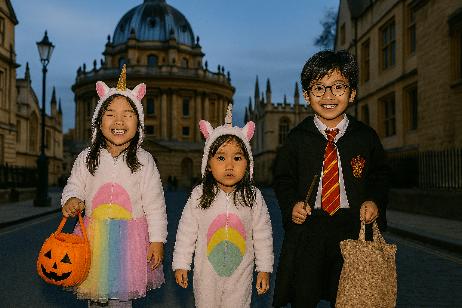 Three young Asian children stand on a cobblestone street in Oxford, UK, dressed in Halloween costumes.