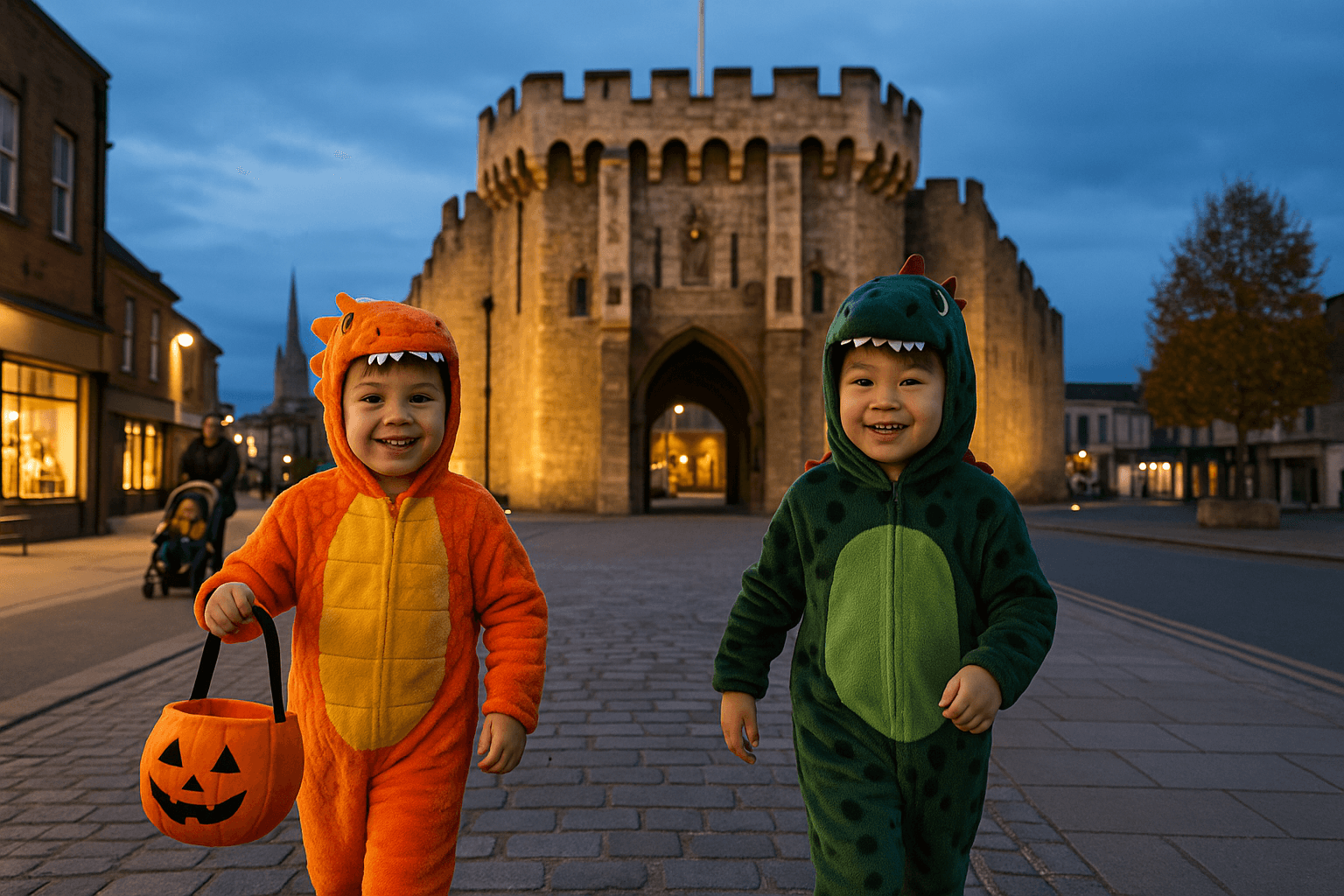 Two young children in dinosaur onesies—one orange with yellow scales and the other green with black spots—walk happily along a cobbled street in Southampton, UK.
