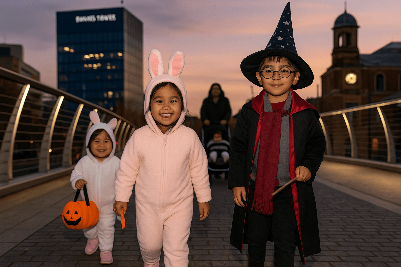 Two young children trick-or-treat in Reading, UK, crossing a pedestrian bridge at dusk. One child is dressed as a pink bunny, smiling brightly, while the other wears a wizard costume