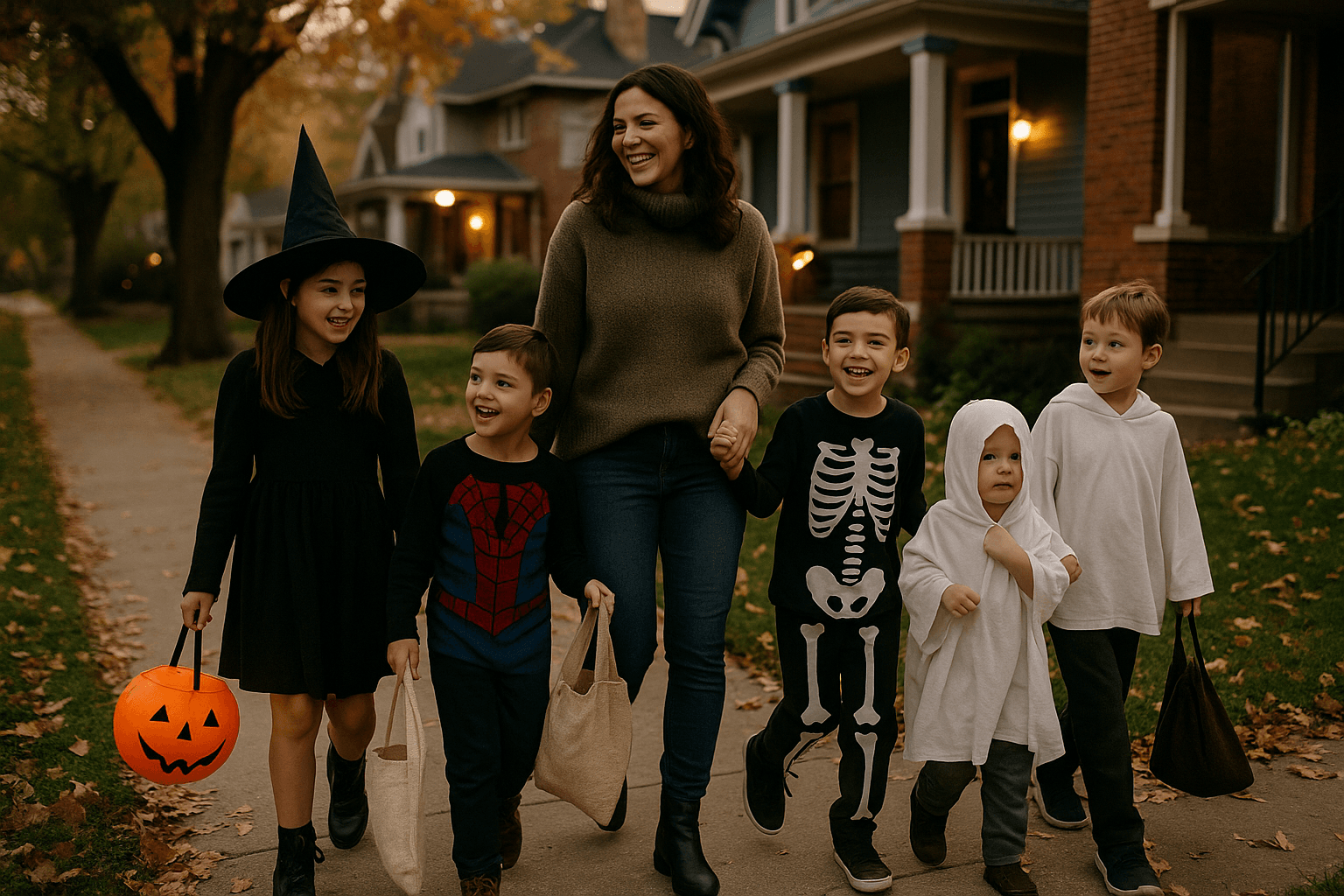 A smiling woman walks hand-in-hand with five children in Halloween costumes, including a witch, skeleton, ghost, and superhero, along a leaf-strewn suburban sidewalk lined with warmly lit homes at dusk.