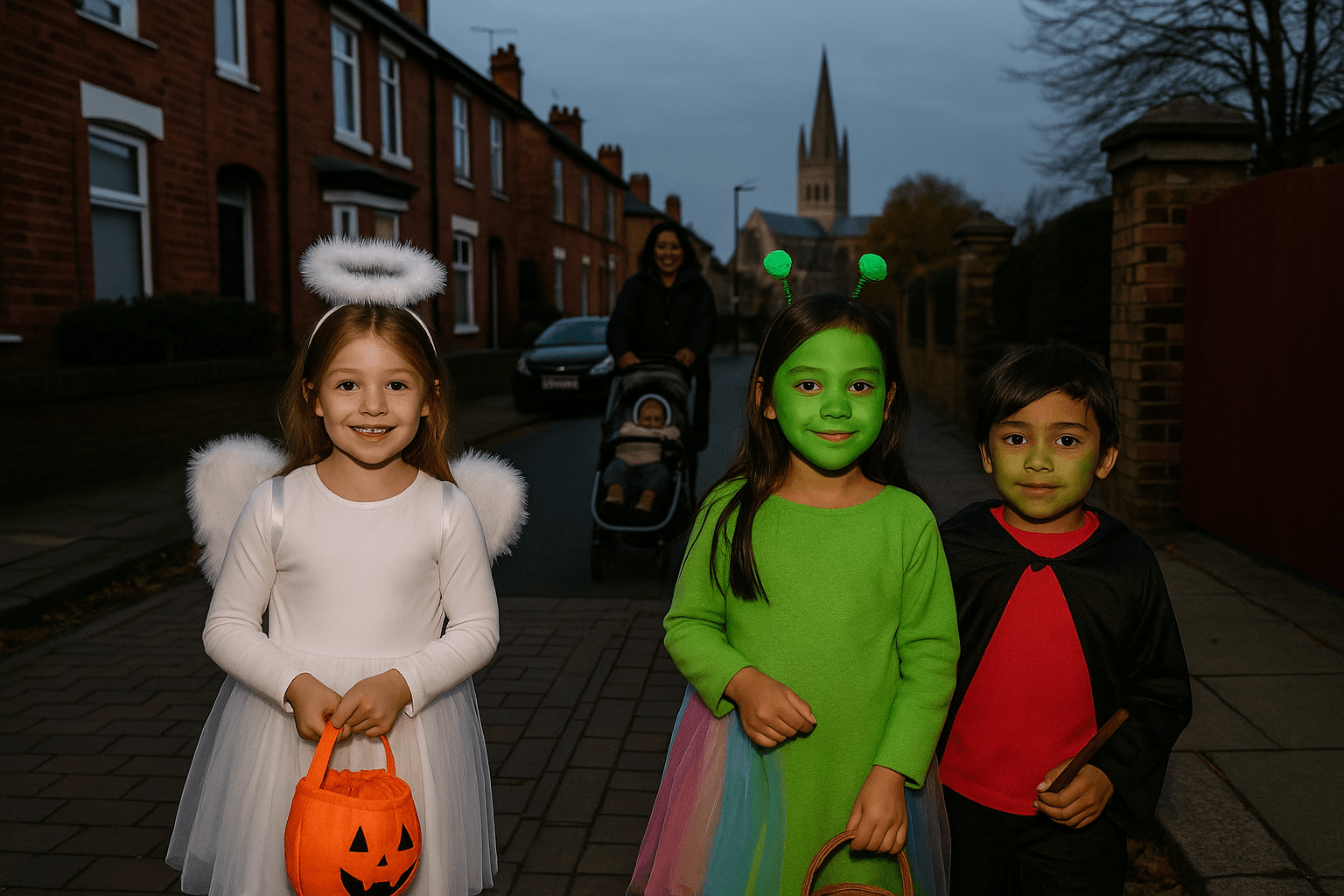 Three children in Halloween costumes pose on a residential street at dusk. One is dressed as an angel with a halo and white wings, another as a green alien with antennae, and the third as a vampire.