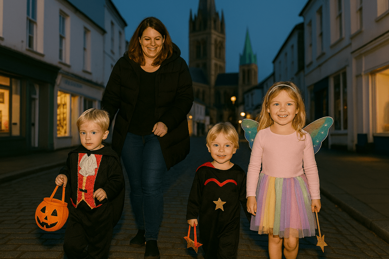 Three young children trick-or-treat alongside their smiling mum on a cobbled street in Truro, UK.